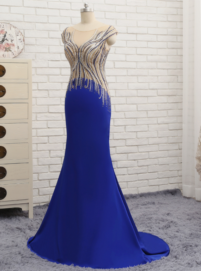 Royal Blue Cap Sleeve Embroidery Long Elegant Prom Dresses Mermaid Crystal  Vestidos De Festa Noite S on Luulla