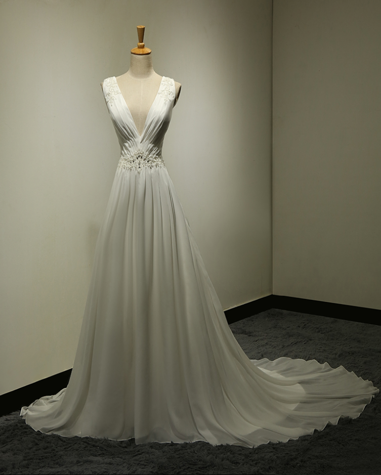 Sexy V-neck Beading Pearls Chiffon Ivory White Long Formal See Though Back Evening  Dresses Style on Luulla