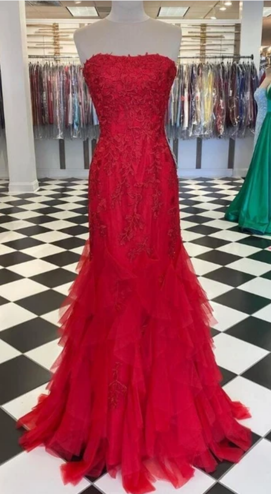 Strapless Long Prom Dress With Appliques And Beading ,school Dance Dresses ,fashion Winter Formal Dress