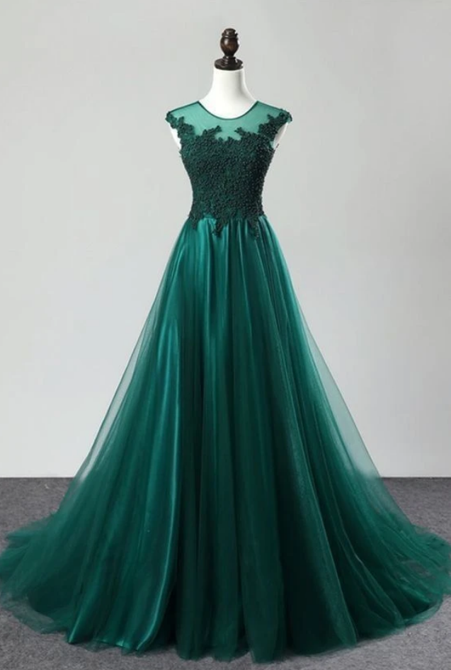 Elegant A Line Appliques Long Prom Dresses, Tulle Evening Gowns