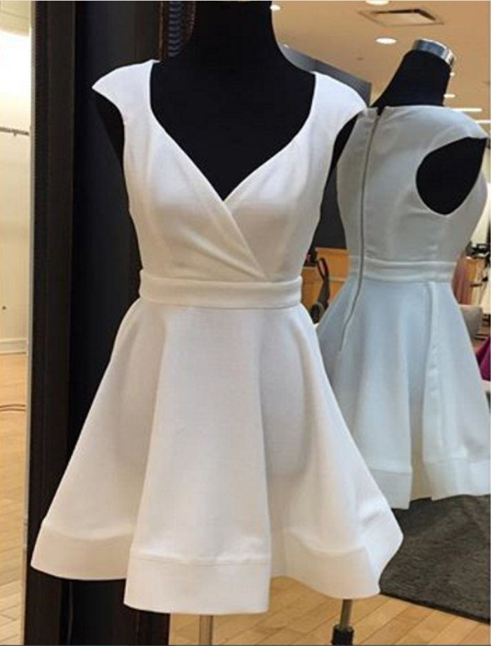 White Homecoming Dresses, Empire Hem Above Knee V Neck Zipper-up Empire Homecoming Dress