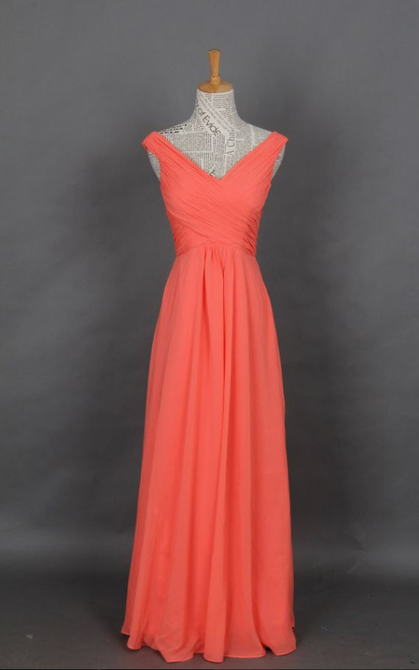 Chiffon Prom Dress, Coral Straps V-neck Long Prom Dresses, Evening Dress, Party Dress
