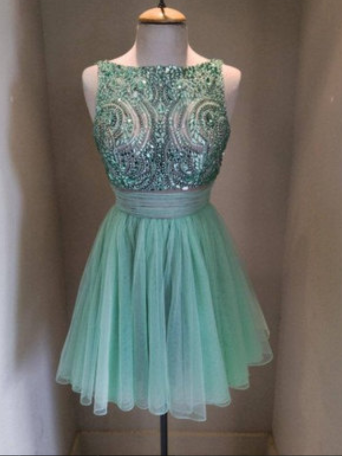 Green Tulle Homecoming Dress, Rhinestone Prom Dresses, Beading Party Dresses, Cute Prom Dresses, Short Homecoming Dresses