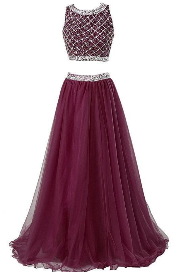Charming Evening Dress,two Piece Long Prom Dresses With Sleeveless Sequined Top