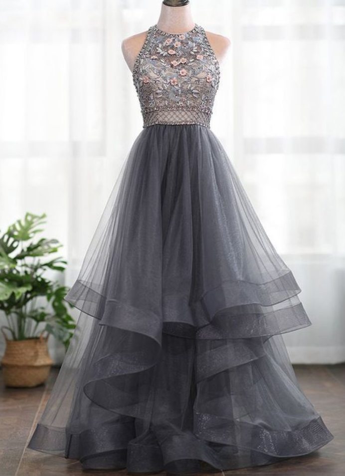A-line 3d Flowers Backless Beading High Neck Tulle Long Prom Dress