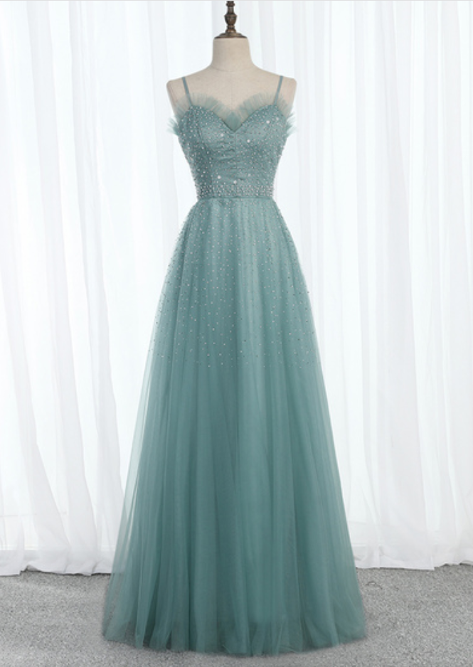Green Tulle Sweetheart Long Beaded Prom Dress, Evening Dress, Party Dress