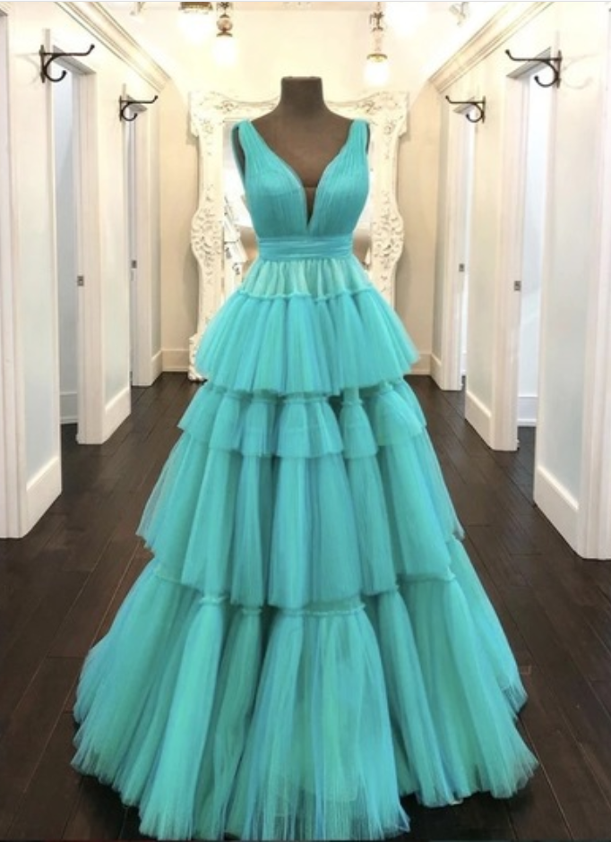 Unique Long Tulle V Neck Long Formal Dress Multi-layered Evening Gown