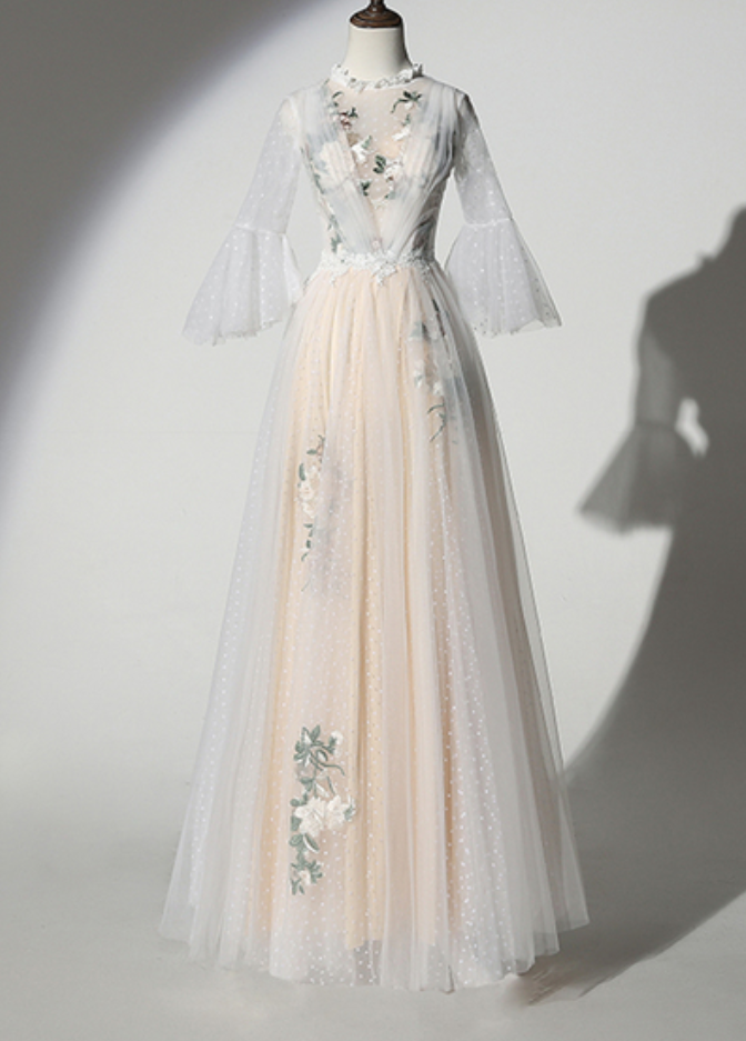 White Dotted Tulle Embroidery Lace O Neck Long Prom Dress With Sleeve