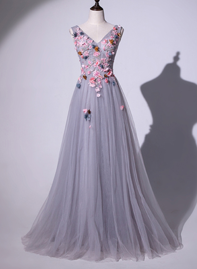 Gray Tulle V Neck 3d Lace Applique Long Prom Dress, Formal Dress