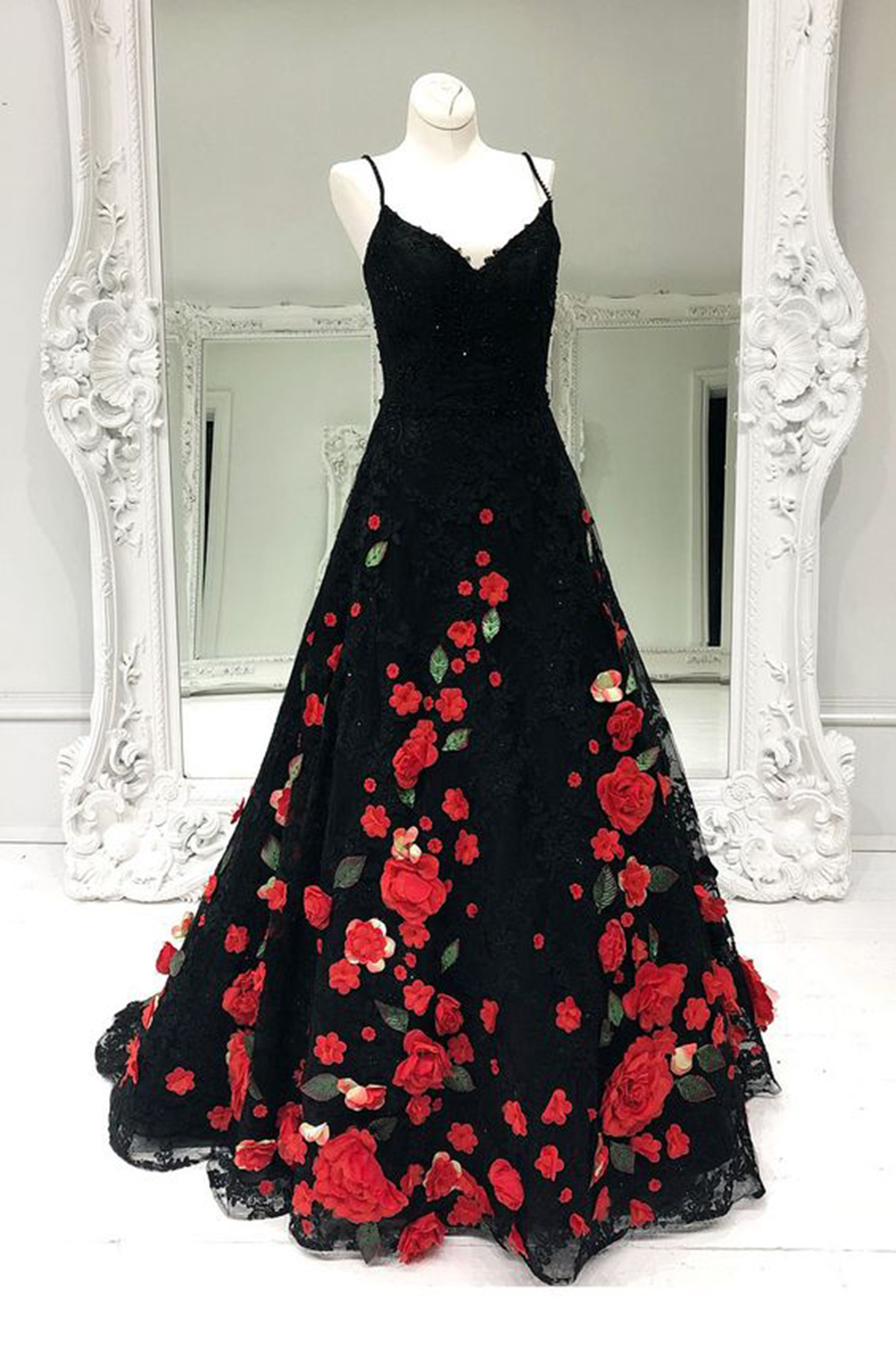 Gorgeous Black Flower Lace Long Customize Prom Dress, Black Evening Dress