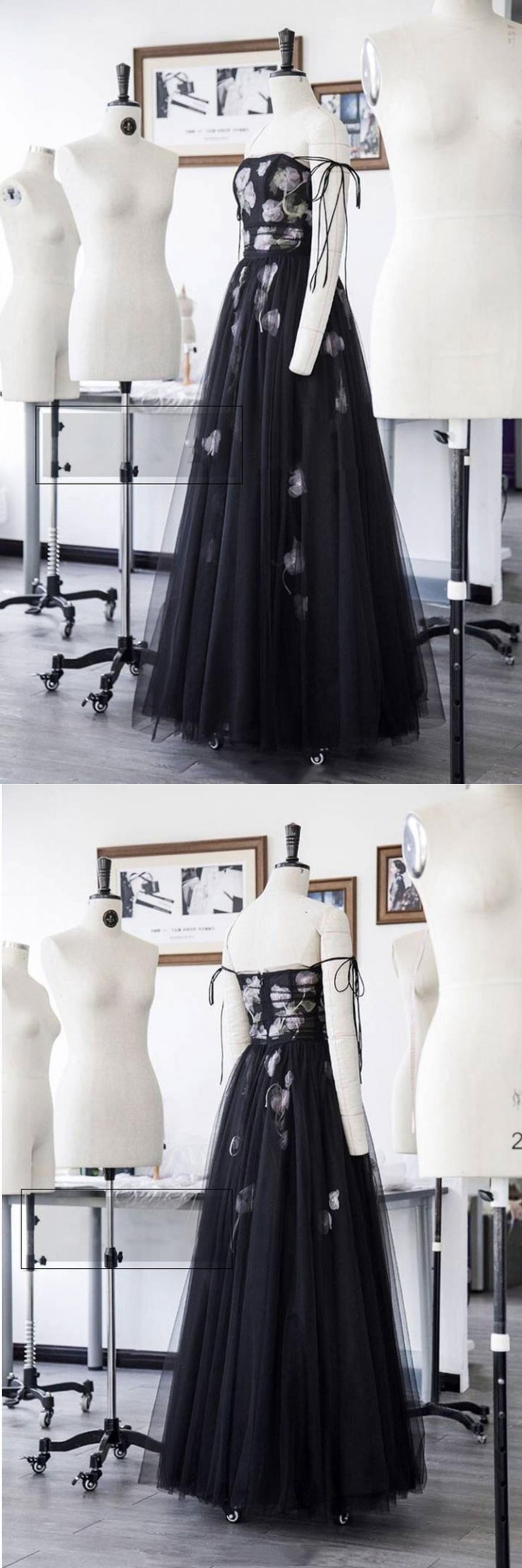 Black Tulle A Line Spaghetti Straps Evening Dress, Prom Dress With Applique