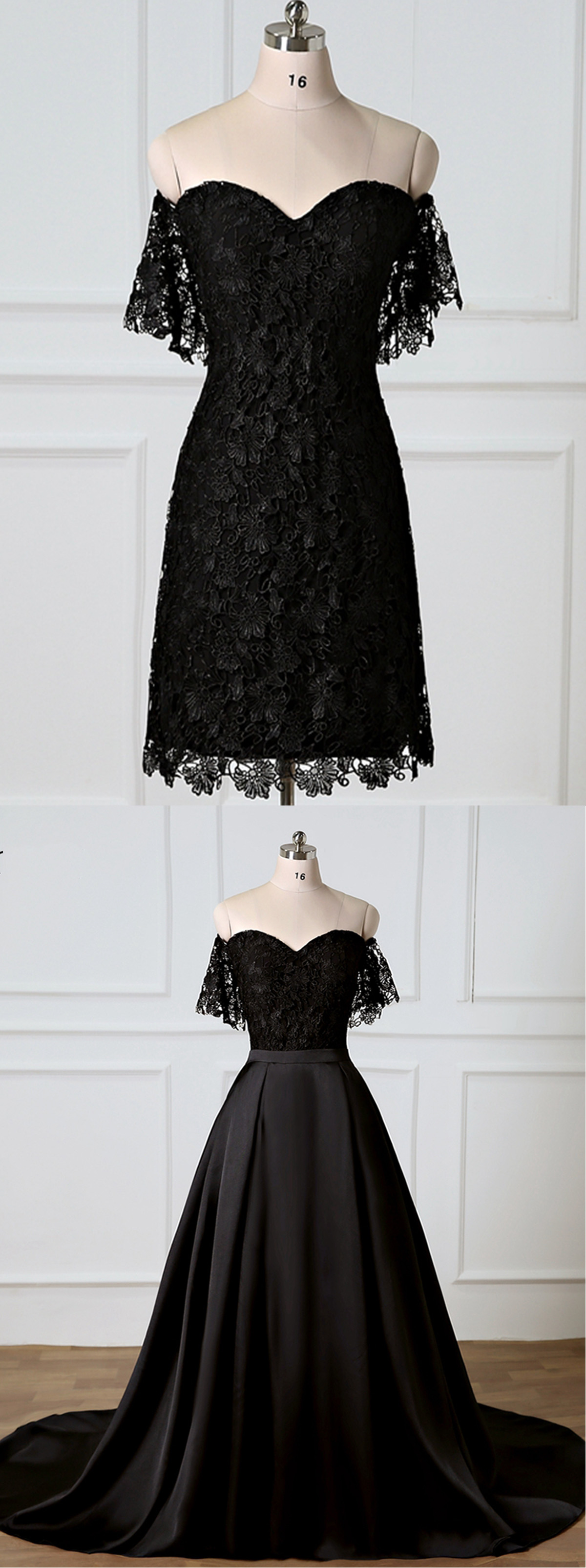 Sweetheart Black Lace Off Shoulder Long Prom Dress With Removable Skirt