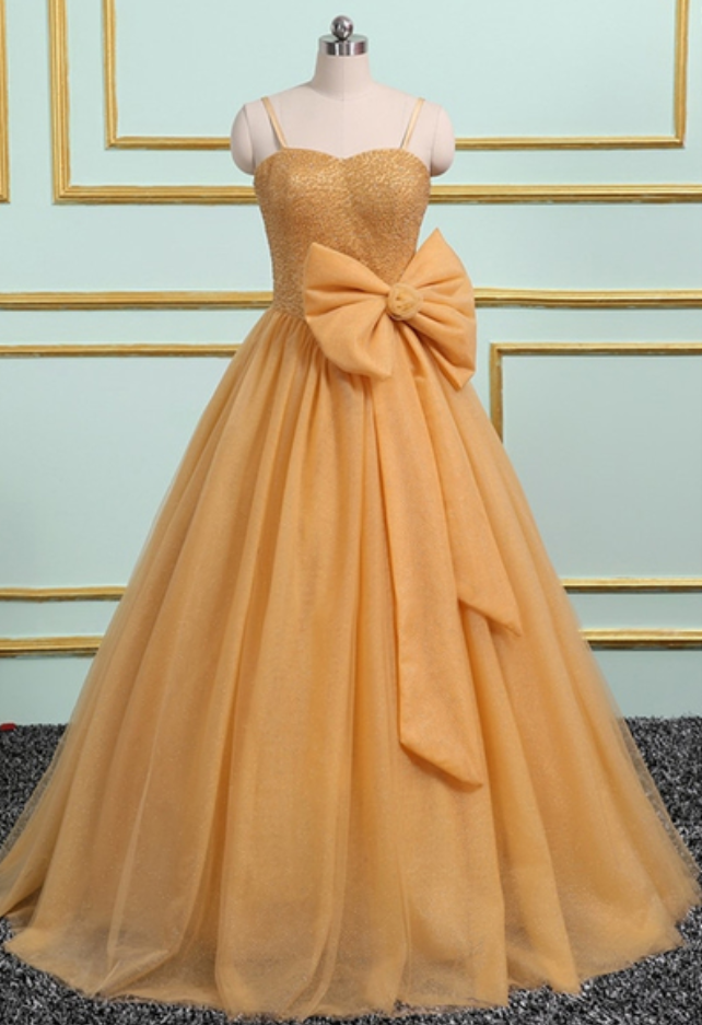 Gold Tulle Long Crystal Evening Dress, Sweet 16 Dress With Bow