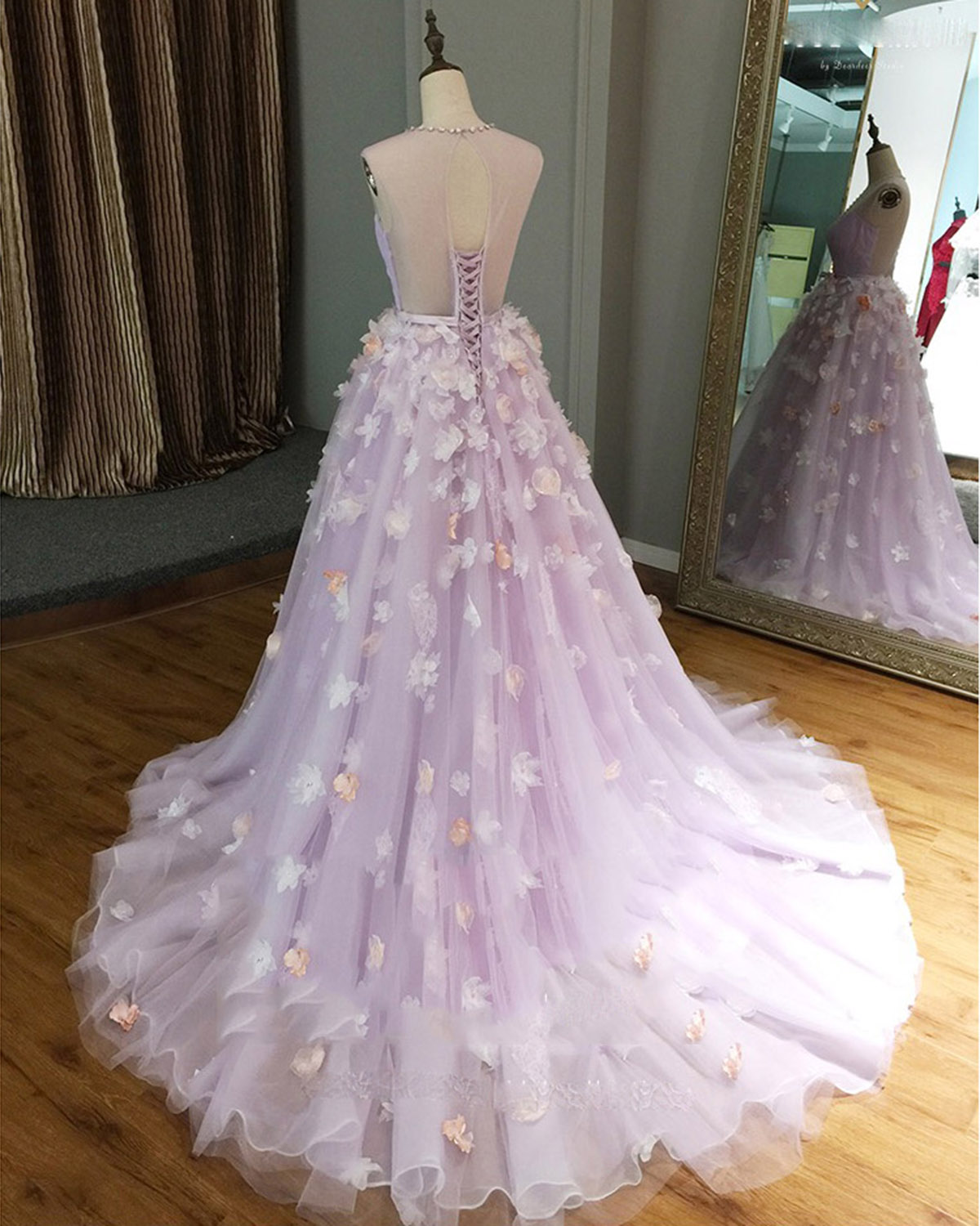 Long Tulle Dress with Deep V Neck Satin Sash Decor Lavender