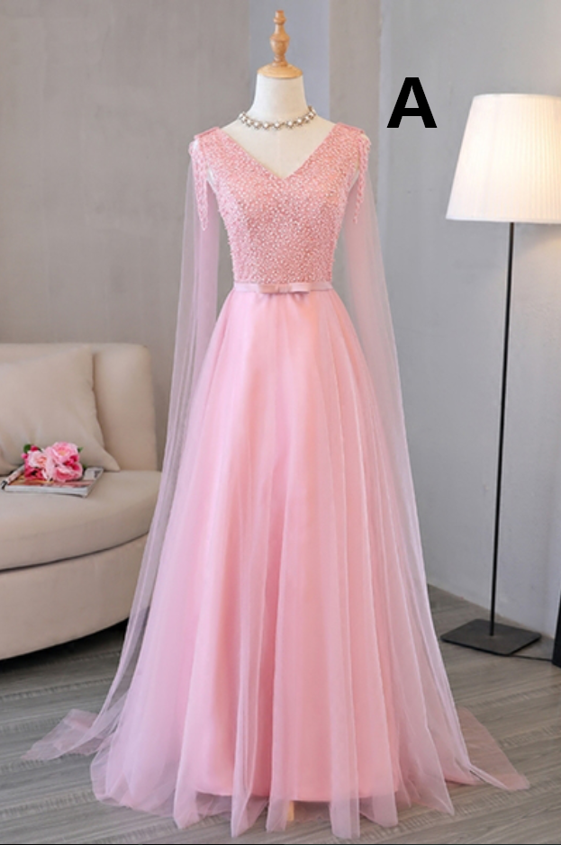 Pink V-neck Long Tulle Beaded Halter Prom Dress