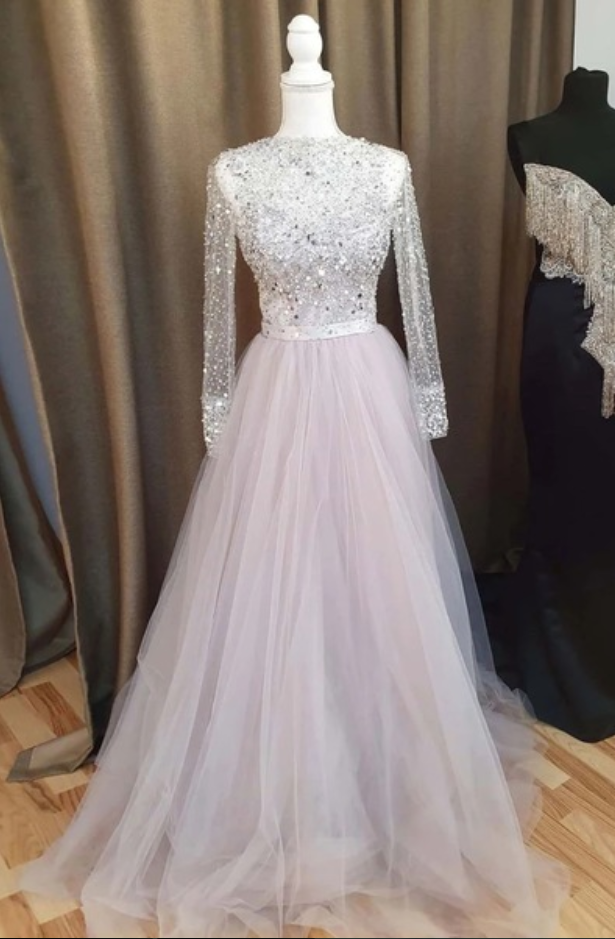 Pretty Light Gray Tulle Sequins Long Sleeve Formal Prom Dress, Evening Dress 2021