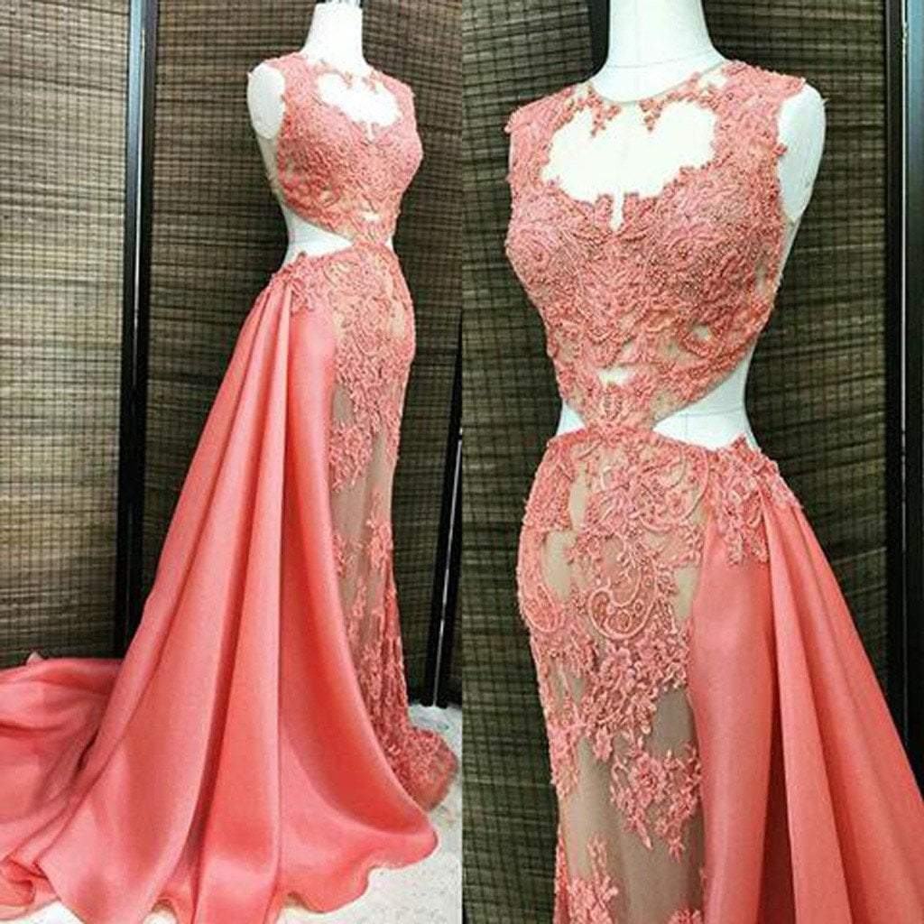 Coral Lace Beaded See Through Long A-line Satin Long Prom Dresses