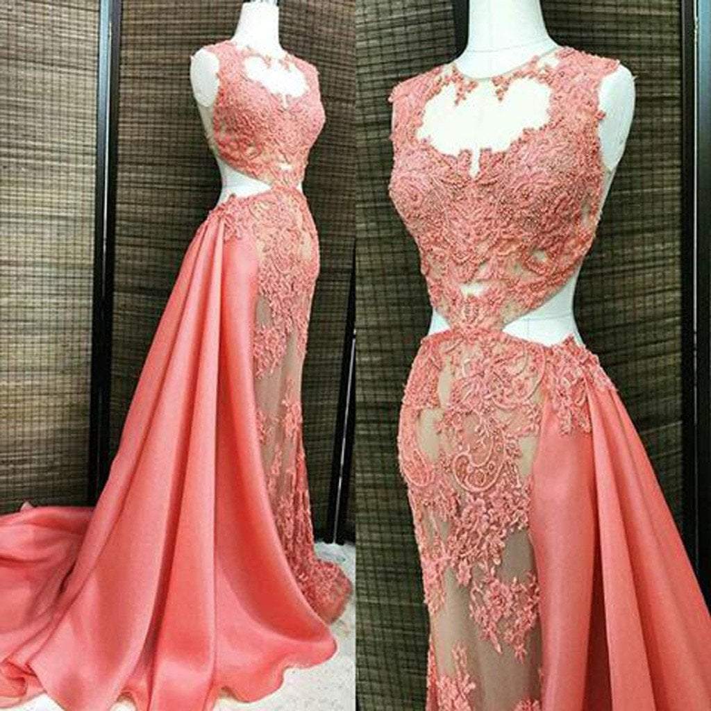 Coral Lace Beaded See Through Long A-line Satin Long Prom Dresses on Luulla