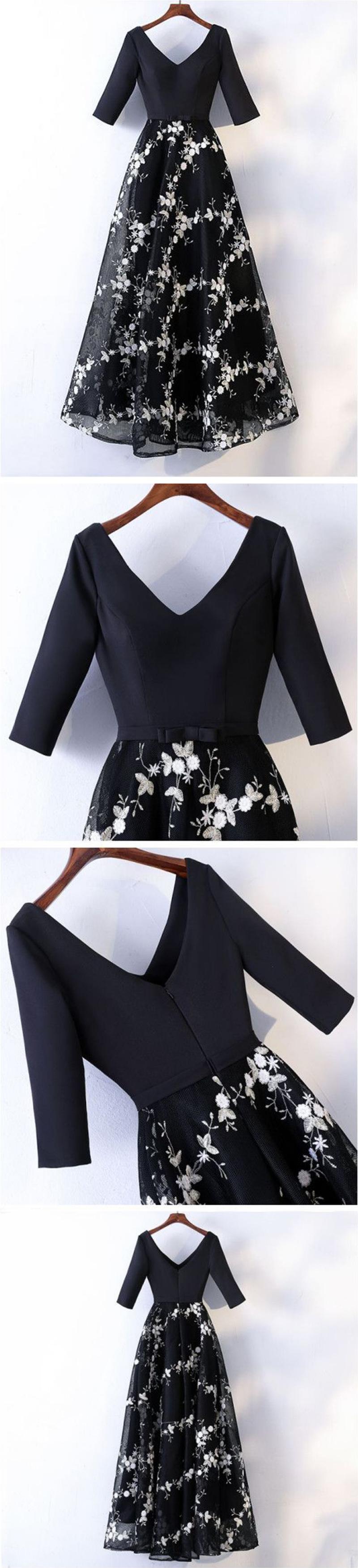 Special Black Floral Chiffon V Neck Customize Long Spring Party Dress With Sleeves