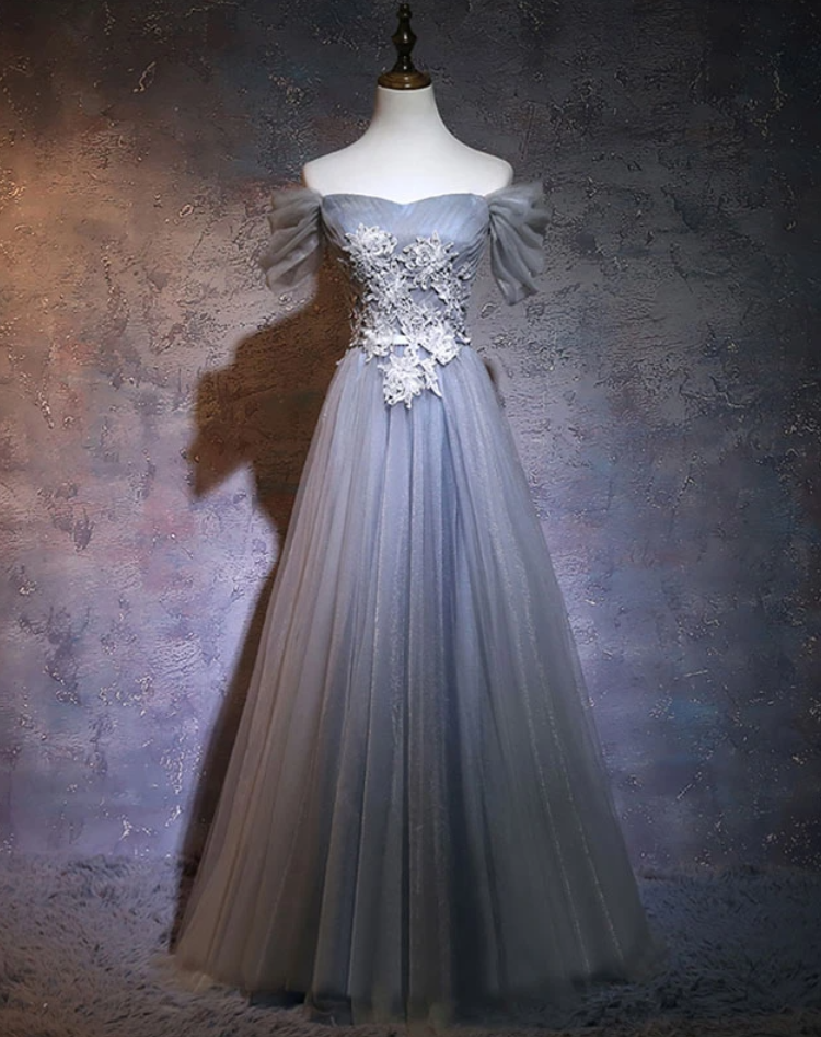 A-line Tulle Lace Applique Long Prom Dress, Gray Bridesmaid Dress