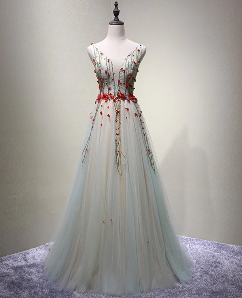 V Neck Tulle Long Prom Dress, Evening Dress