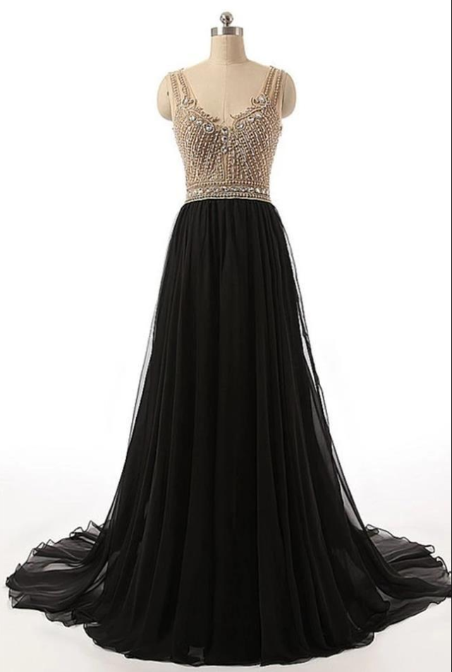 Fashion Open Back Crystal Beaded Black Long Prom Dresses Formal Evening Dress Party Gowns