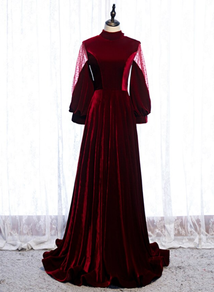 Dark Burgundy Velvet High Neck Long Sleeve Prom Dress With Bow