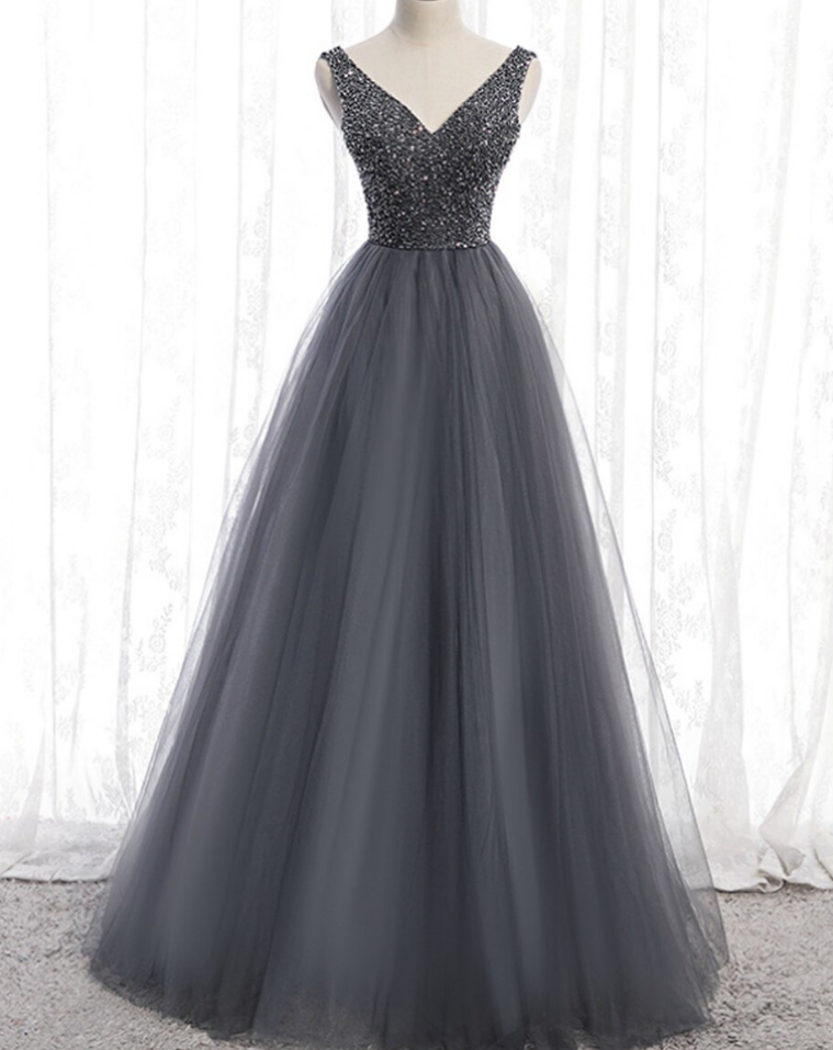 Classy Long A-line V-neck Beading Tulle Prom Dress with Sleeves