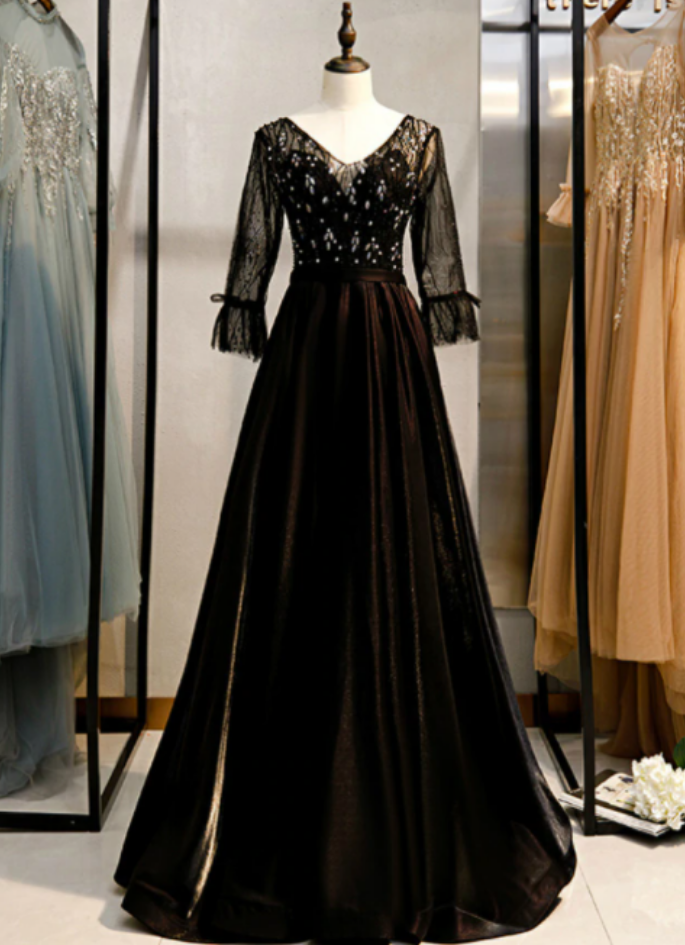 A-line V-neck 3/4 Sleeve Crystal Prom Dress