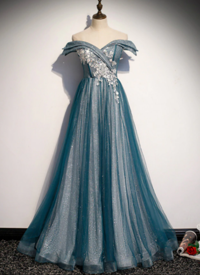 Unique Off The Shoulder Tulle Sequins Appliques Prom Dress Navy Blue A Line Evening Dress Y8377 main image 1