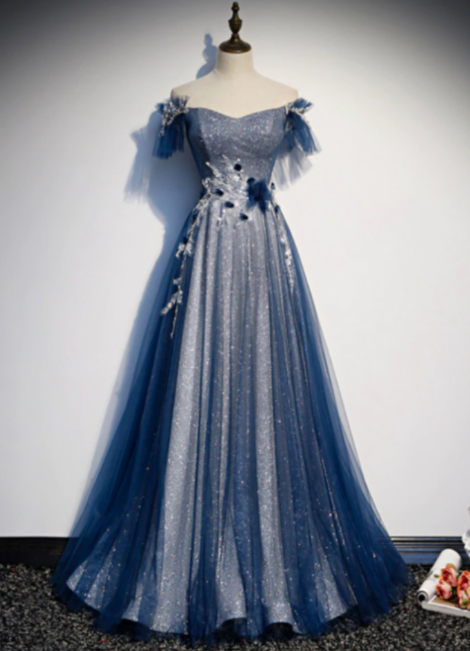 Gorgeous Off-The-Shoulder Sequins Tulle Prom Dress with Belt Beads