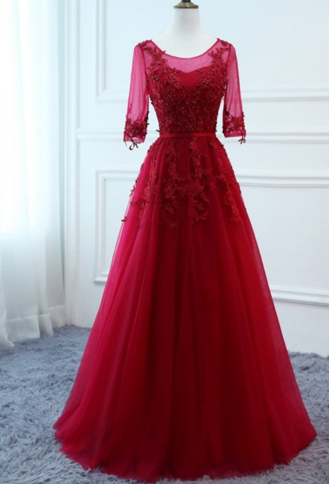 Elegant Burgundy Prom Party Dress Vneck Lace Applique Women Formal Maxievening Dress Long Tulle Sleeve Bridal Gown Bride Wedding Guest Dress