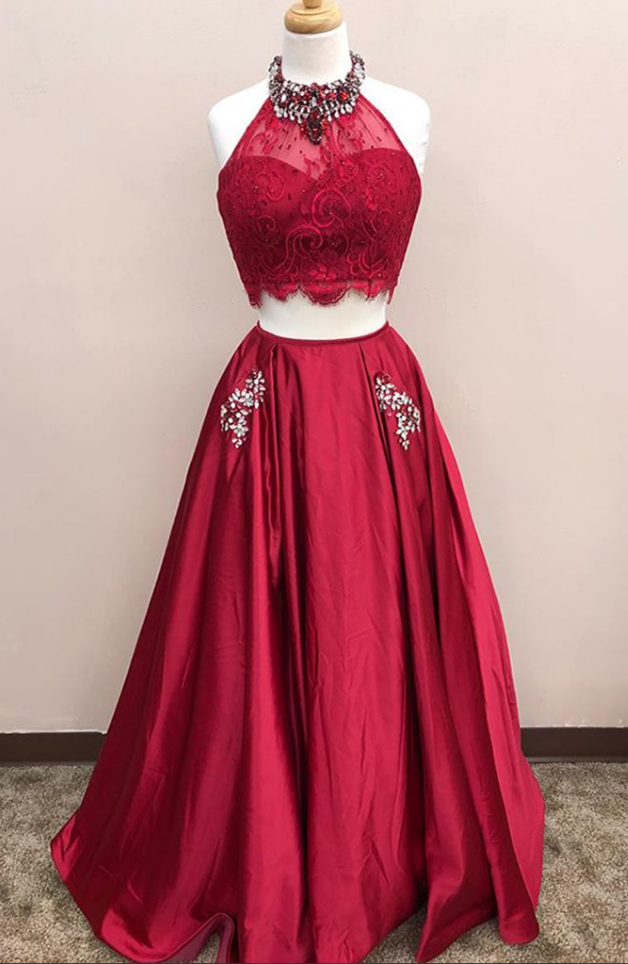 Lace Top Two Pieces Floor Length A-line Beading Homecoming Dress