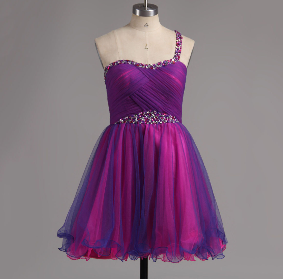Custom Made Purple Crystal Embellished One-shoulder Chiffon A-line Short  Cocktail Dress, Graduation on Luulla