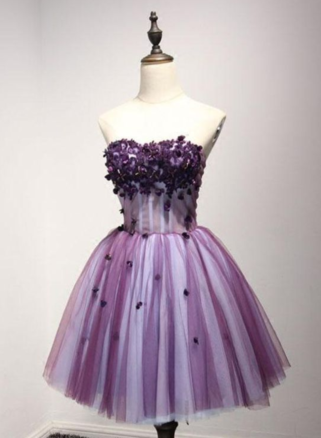 Purple Strapless Sleeveless Appliques Flower Short Formal Dresses With Beads