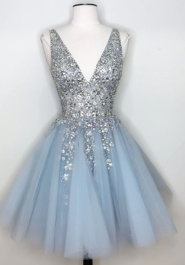 V-neck Light Sky Blue Homecoming Dress With Sequins