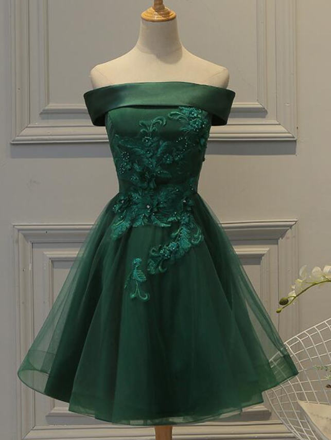 Lovely Off Shoulder Green Short Satin Party Dress With Lace Applique, Green Homecoming Dresses