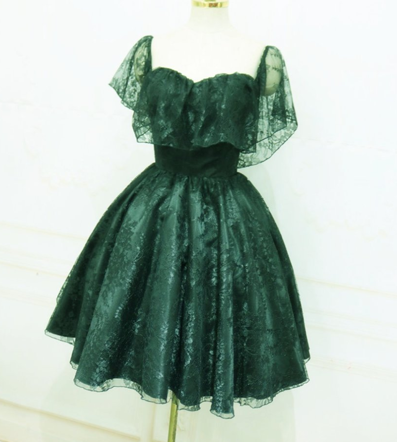 Lovely Green Off Shoulder Lace Knee Length Party Dress, Green Homecoming Dress