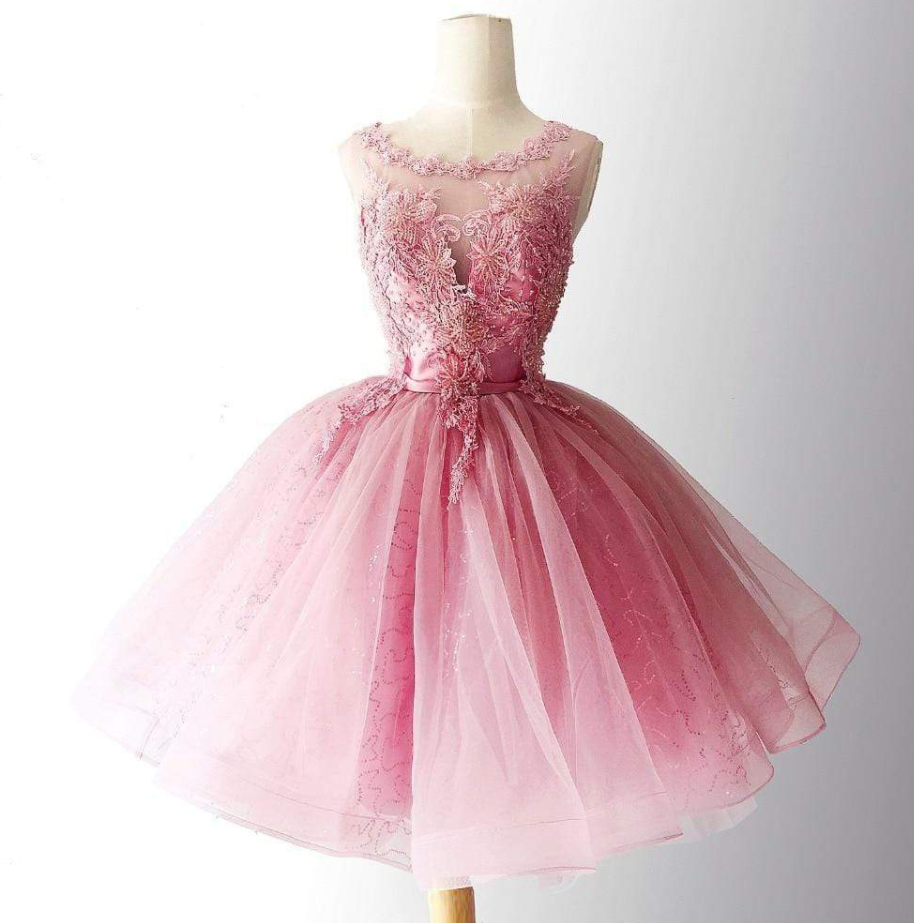 Lovely Pink Tulle With Lace Round Neckline Knee Length Party Dress, Pink Homecoming Dresses