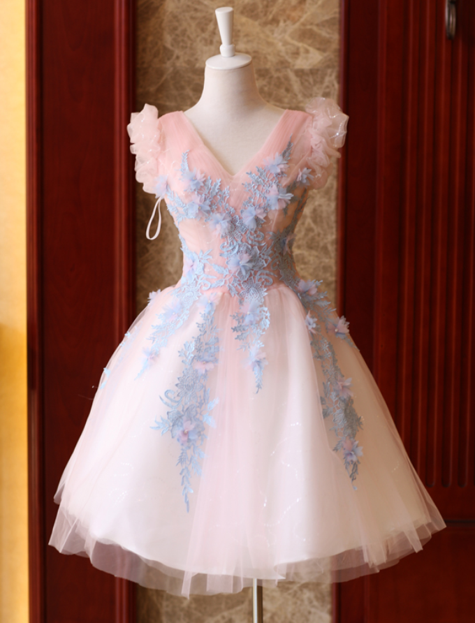 Cute Pink Tulle Short Sleeves Knee Length Homecoming Dress, Cute Pink Evening Prom Dress