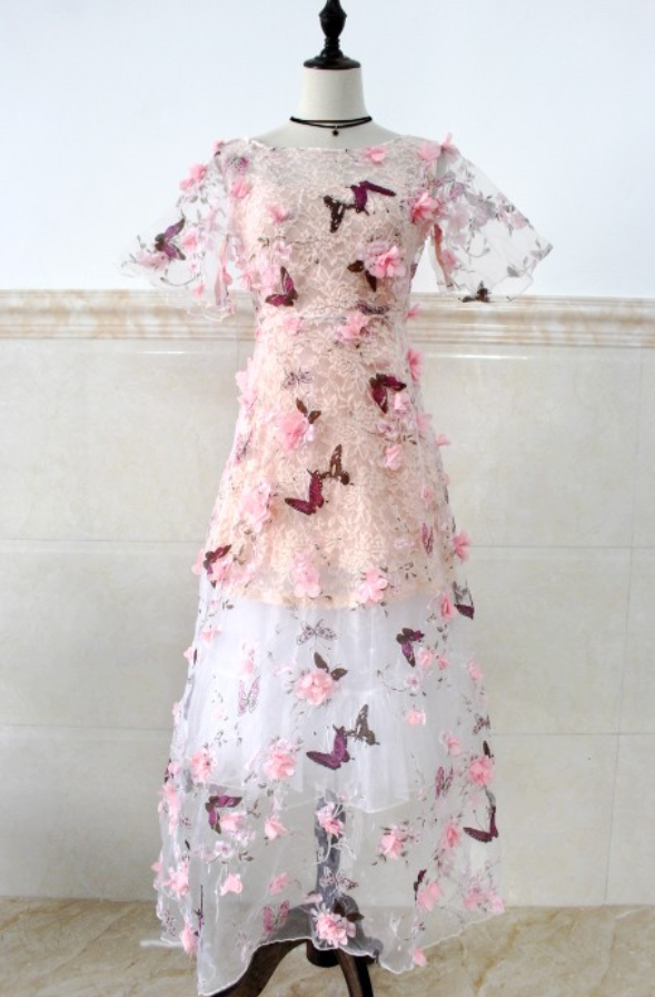 Charming Floral Long Lace Short Sleeves Party Dress, Cute Prom Dress