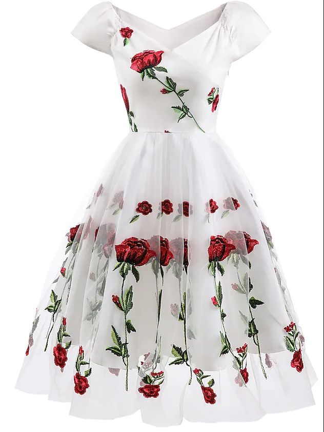 A-line White Floral Holiday Cocktail Party Valentine's Day Dress Off Shoulder Short Sleeve Knee Length Organza Stretch Satin With