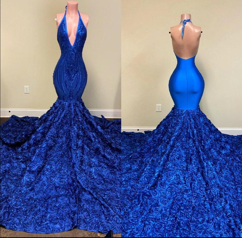Royal Blue Evening Dresses Halter Backless Appliques Rose Flowers Sexy Mermaid Prom Dress Custom Made Formal Party Gowns
