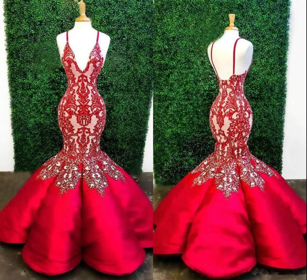Lace Mermaid Prom Dresses Deep V Neck Pleated Luxury Red Evening Gowns Plus Size Floor Length Satin Formal Dress