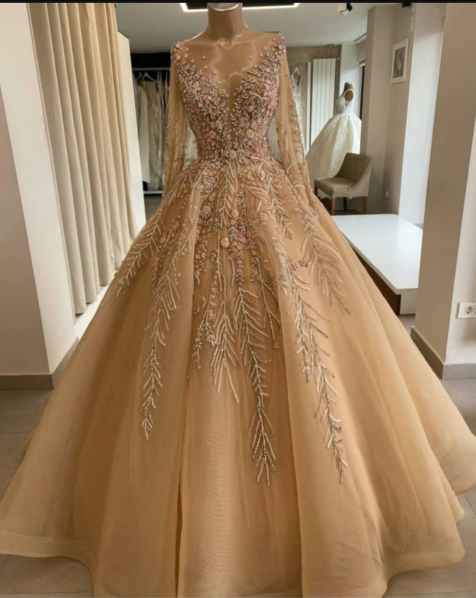 Arabic Aso Ebi Gold Luxurious Sexy Evening Dresses Beaded Crystals Prom Dresses Sheer Neck Formal Party Second Reception Gowns