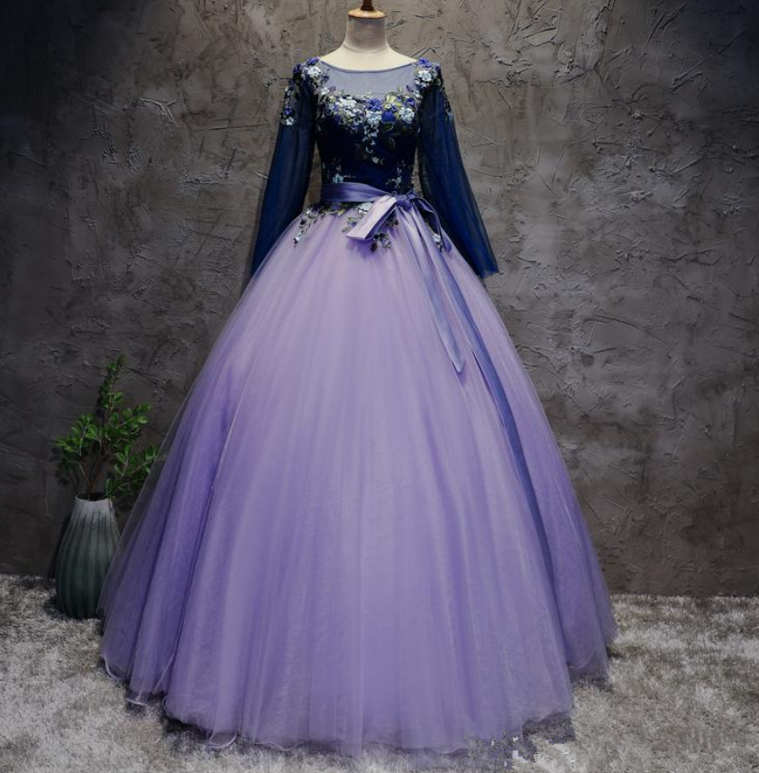 Backless Purple Long Sleeve Appliques Ball Gown Quinceanera Dresses Lace Up Sweet 16 Dresses Debutante 15 Year Party Dress