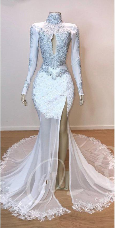 Keyhole Neck Mermaid Evening Dress 2019 Lace Beads Side Split Chapel Train Long Sleeves Prom Dresses Celebrity Party Gowns