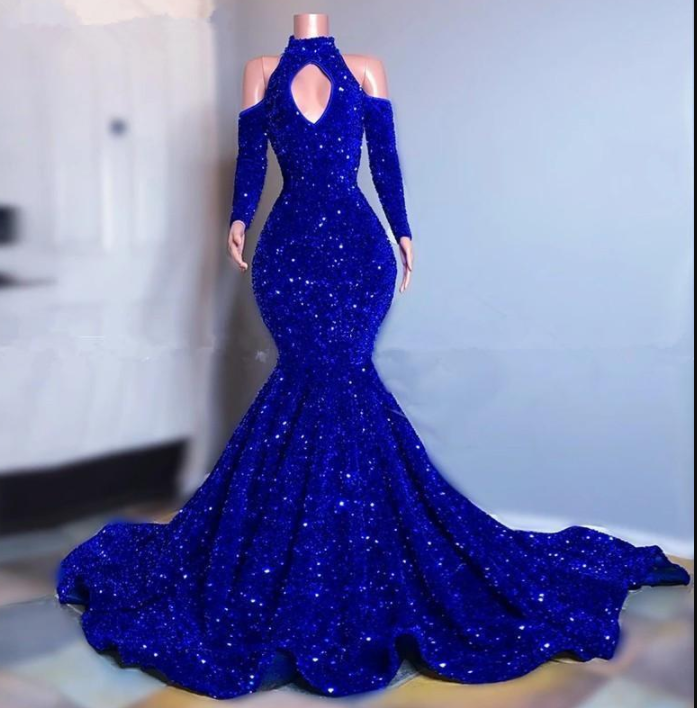 Plus Size Royal Blue Sparkly Sequins Prom Dresses Long Sleeves Mermaid Evening Gowns 2021 Elegant Off Shoulder Women Formal Dress