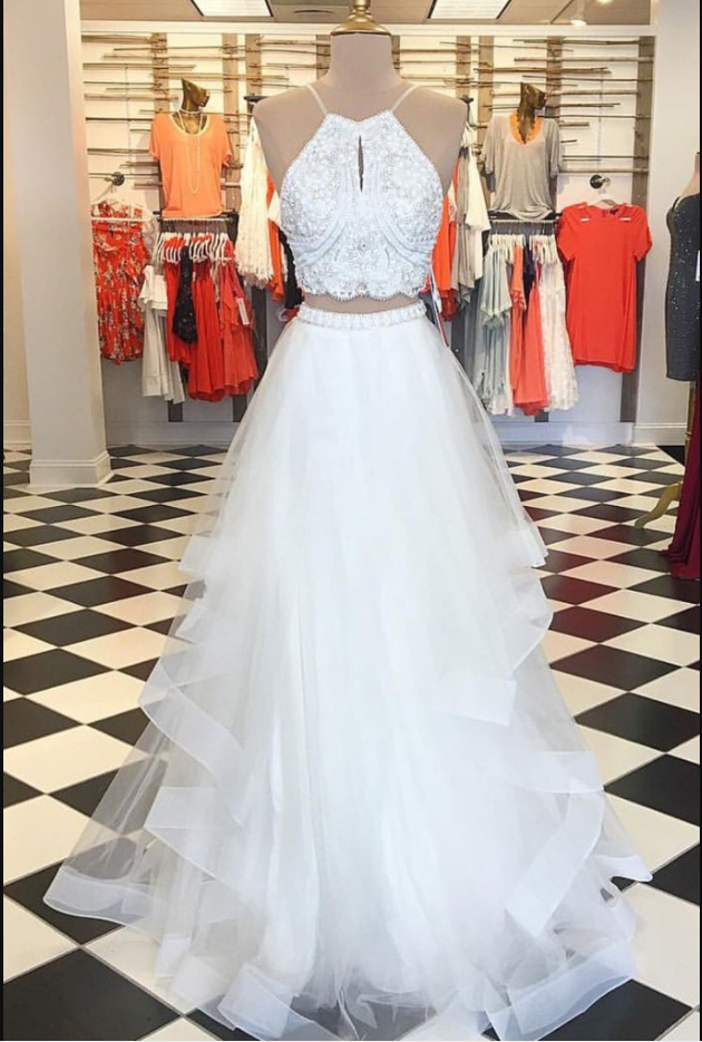 Princess Prom Dress, Two Piece Prom Dress, White Prom Dress