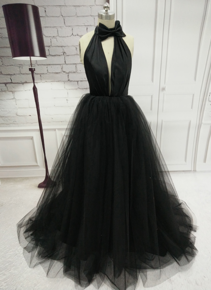 Backless Halter Black Prom Dress